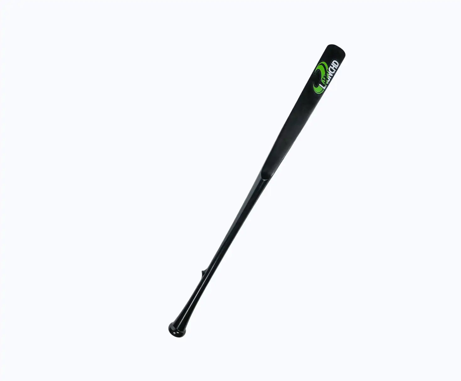 Black baseball bat with green logo on a white background